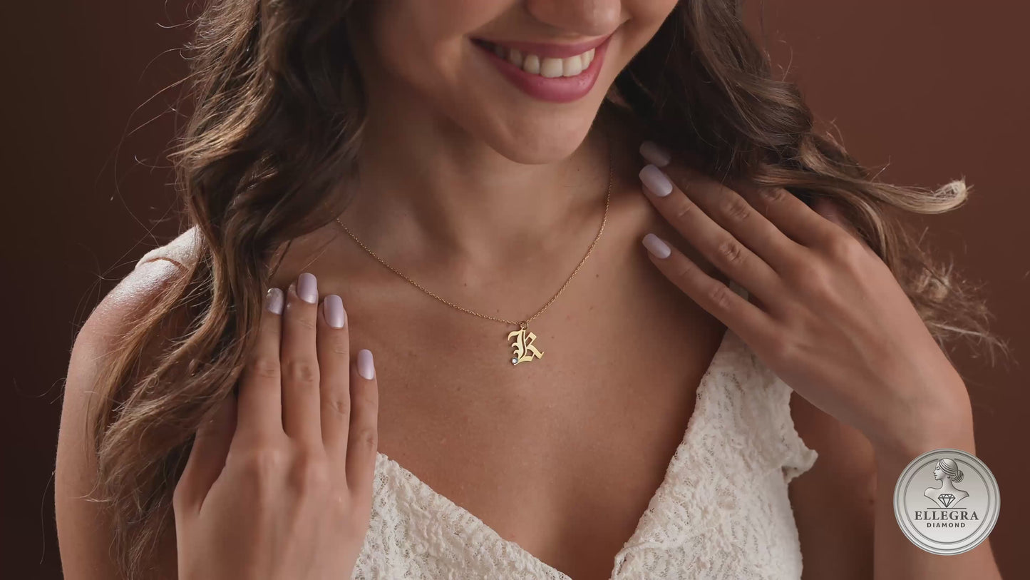 Old English Initial Birthstone Necklace Gift