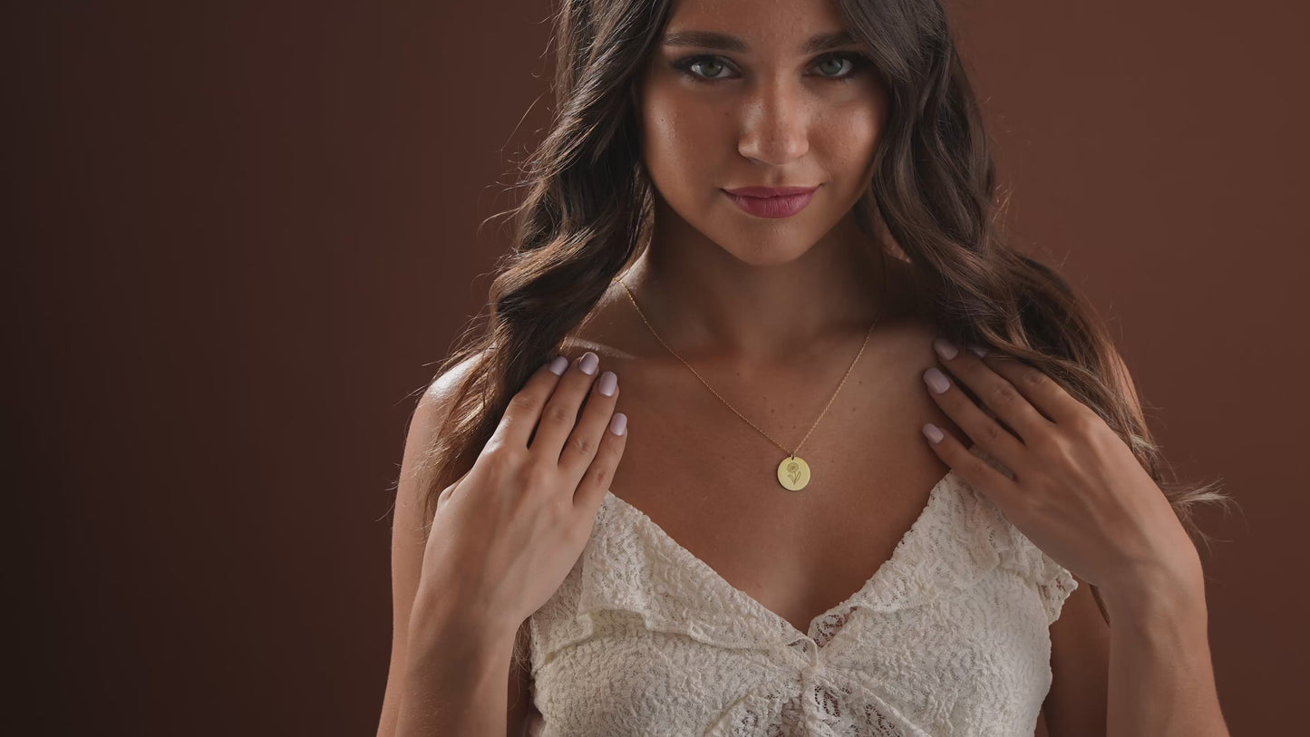 Birth Flower Engraved Disc Necklace